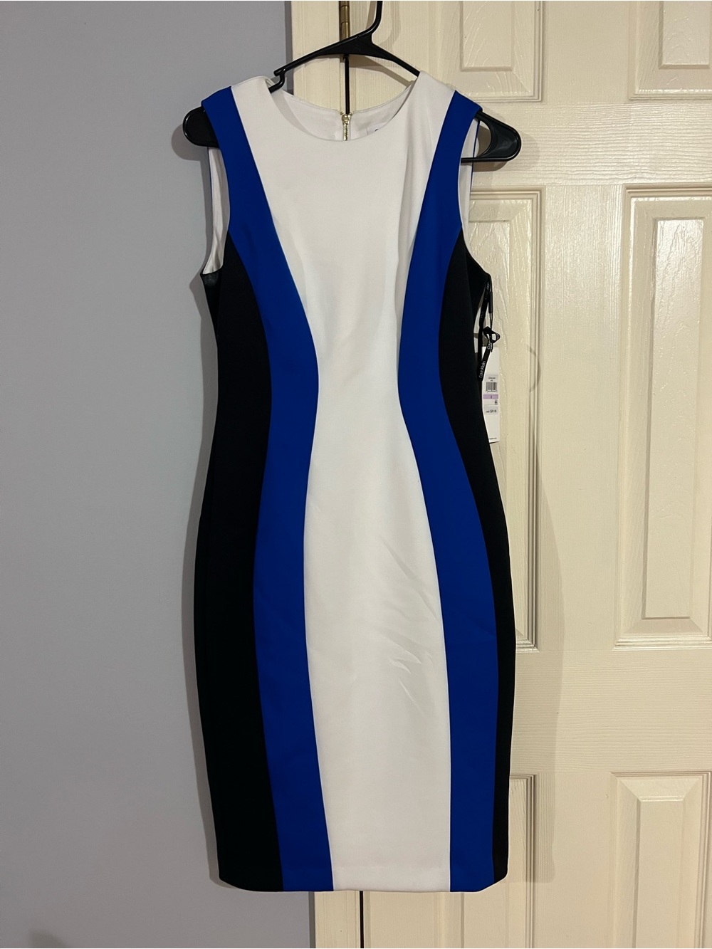 Calvin Klein Colorblock Sheath Dress in White, Royal Blue & Black